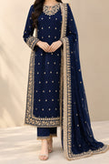 Blue Embroidered 3pcs Crinkle Chiffon Suit