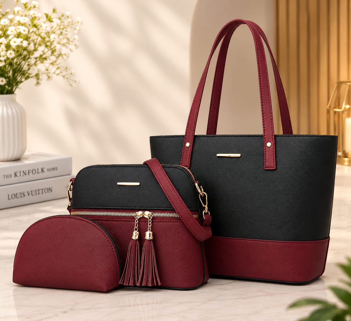 Black Burgundy Handbag Set