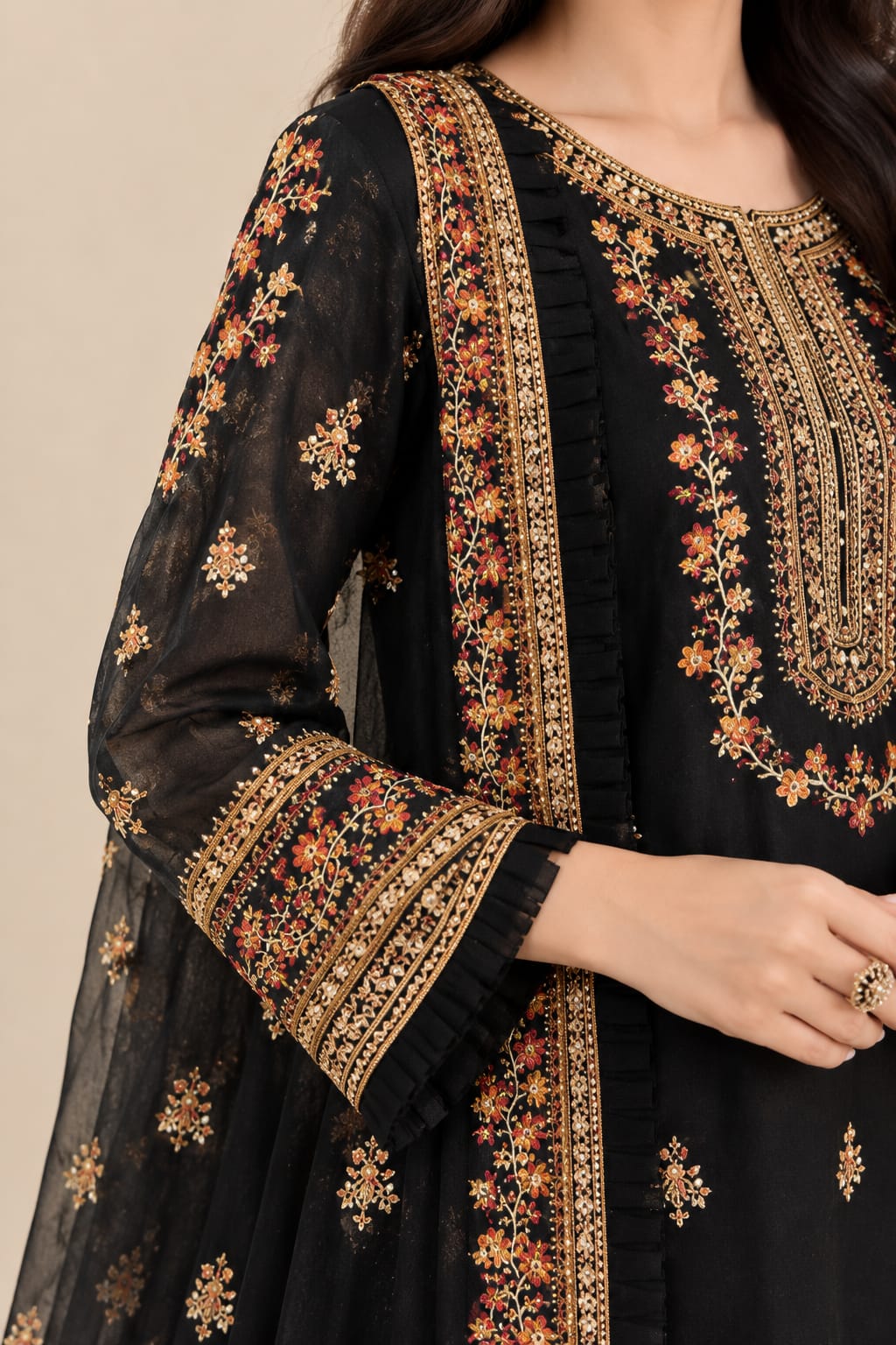 Black Embroidered 3pcs Suit