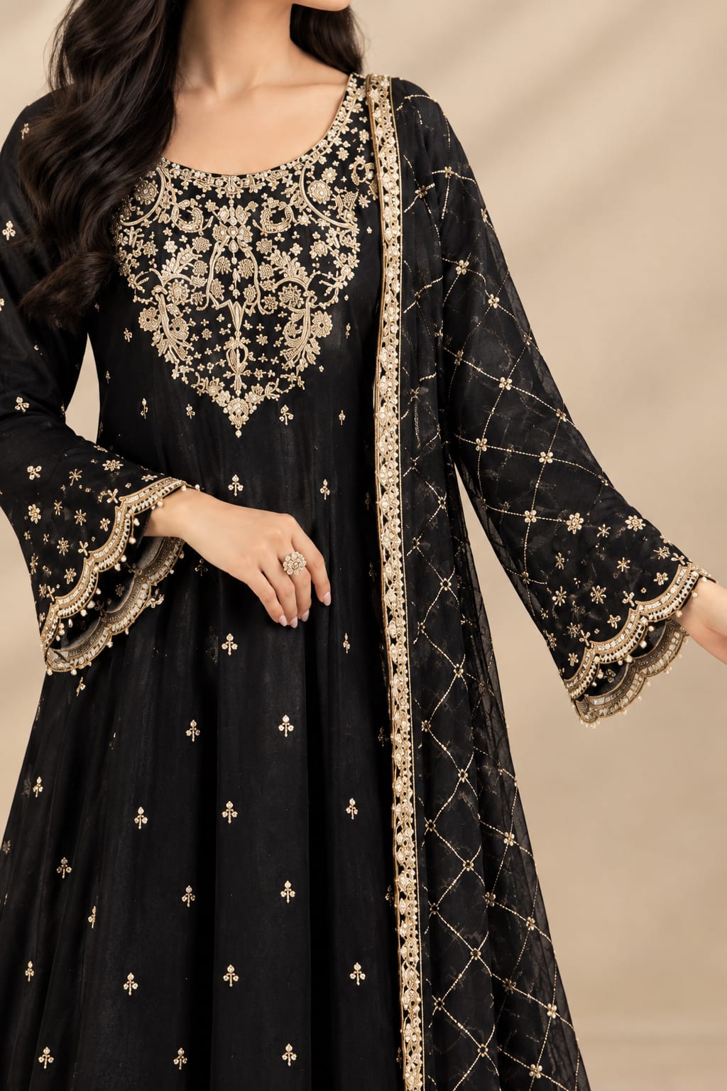 Black Embroidered Shamoz Silk Maxi Suit 3pcs