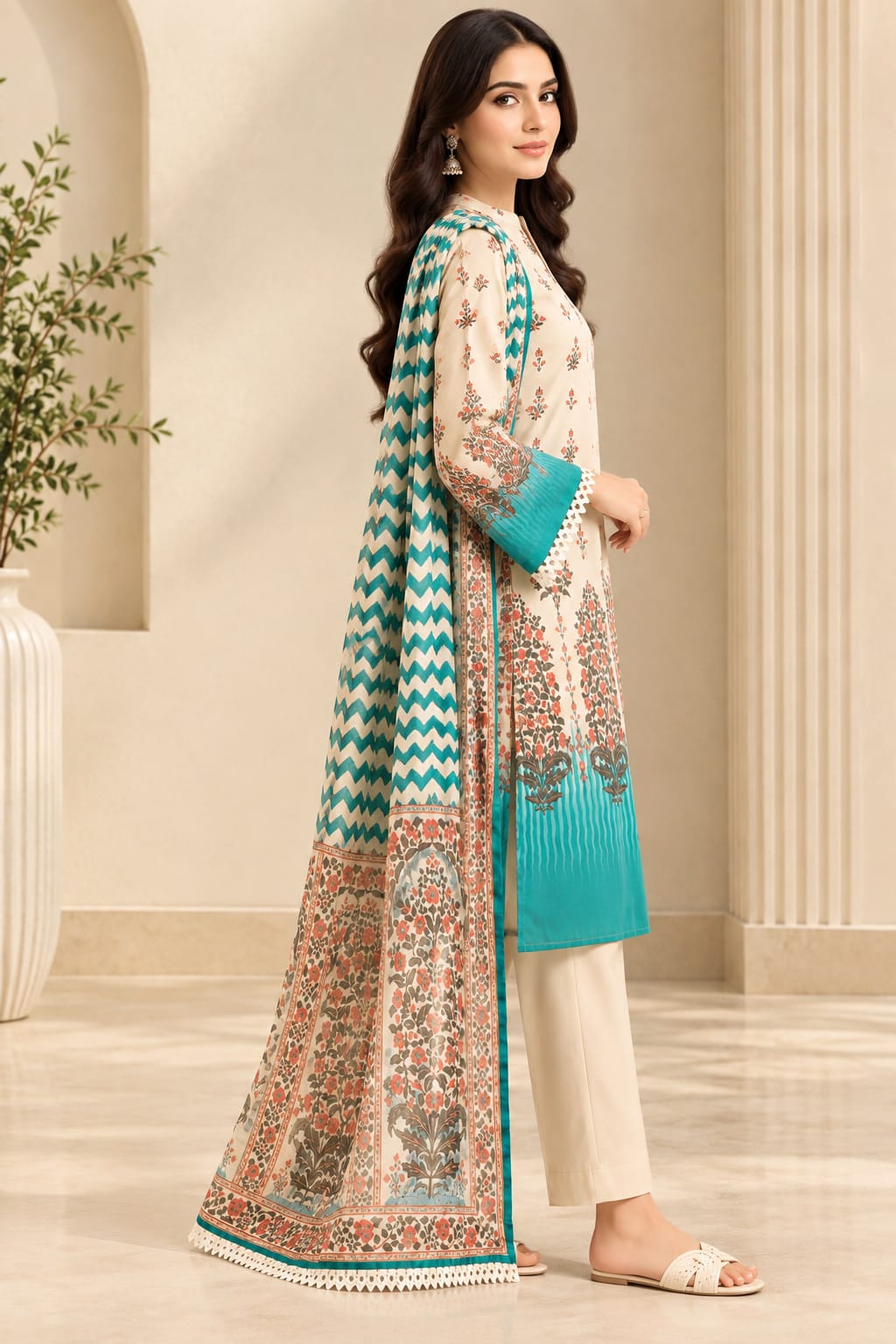 3 piece Printed Dobby Lawn Suit Off White Floral Geometric
