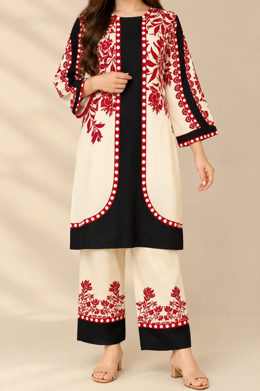 Digital Printed Cord Set 2 pcs Cream Black Kurta Set