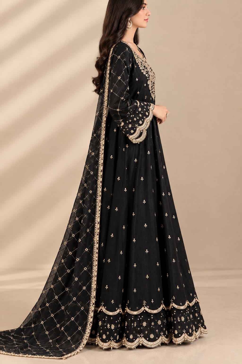 Black Embroidered Shamoz Silk Maxi Suit 3pcs