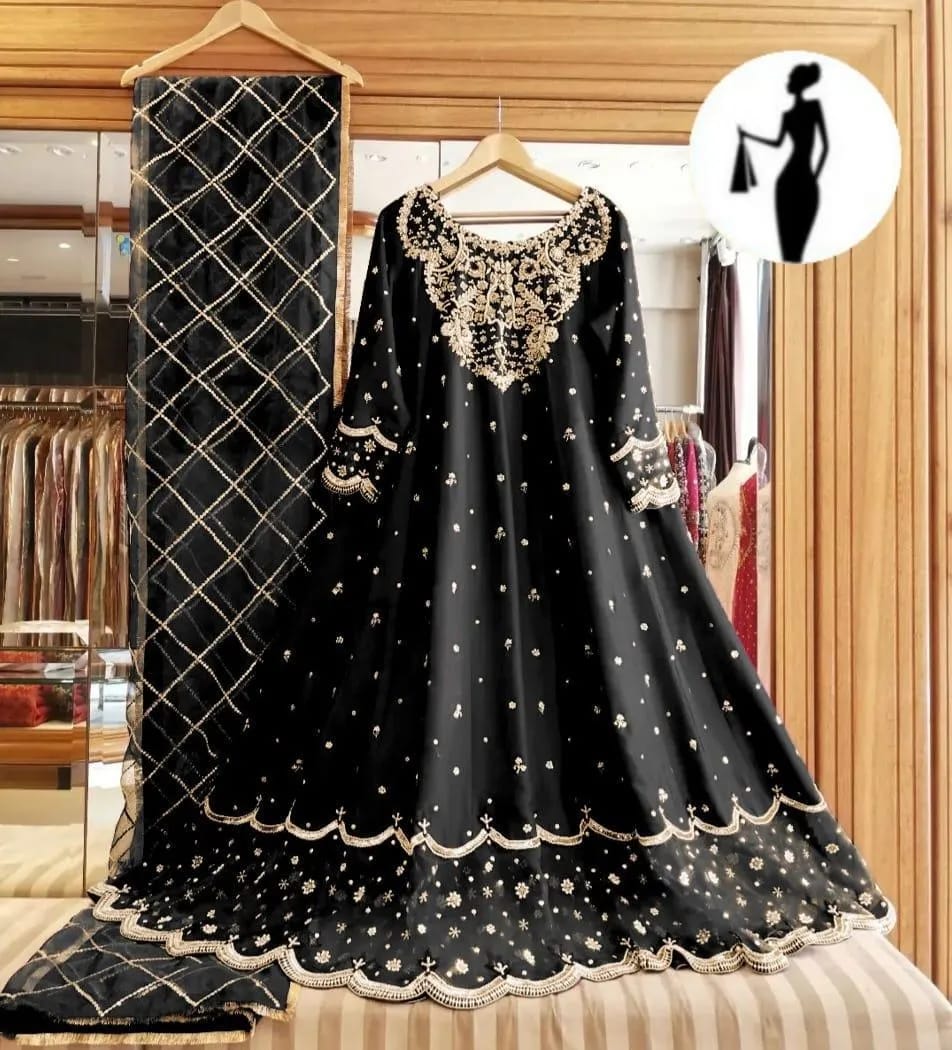 Black Embroidered Shamoz Silk Maxi Suit 3pcs