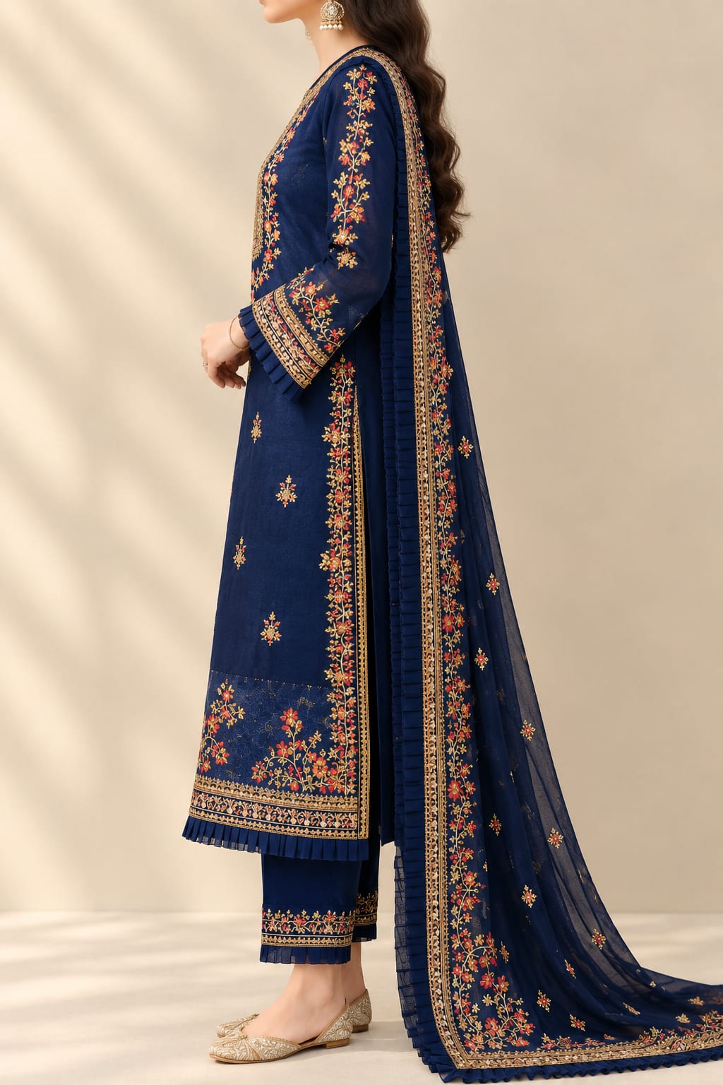 Navy Blue Organza 3 pcs Suit