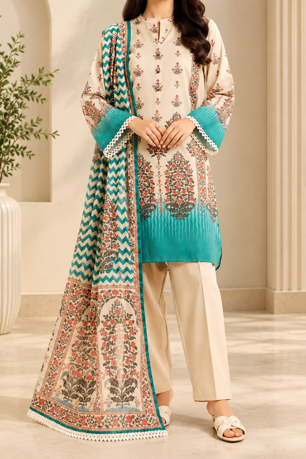 3 piece Printed Dobby Lawn Suit Off White Floral Geometric