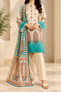 3 piece Printed Dobby Lawn Suit Off White Floral Geometric