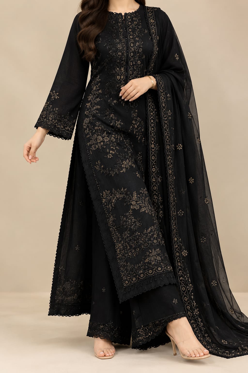 Black Embroidered 3-piece Women's Lawn Suit Bamber Dupata