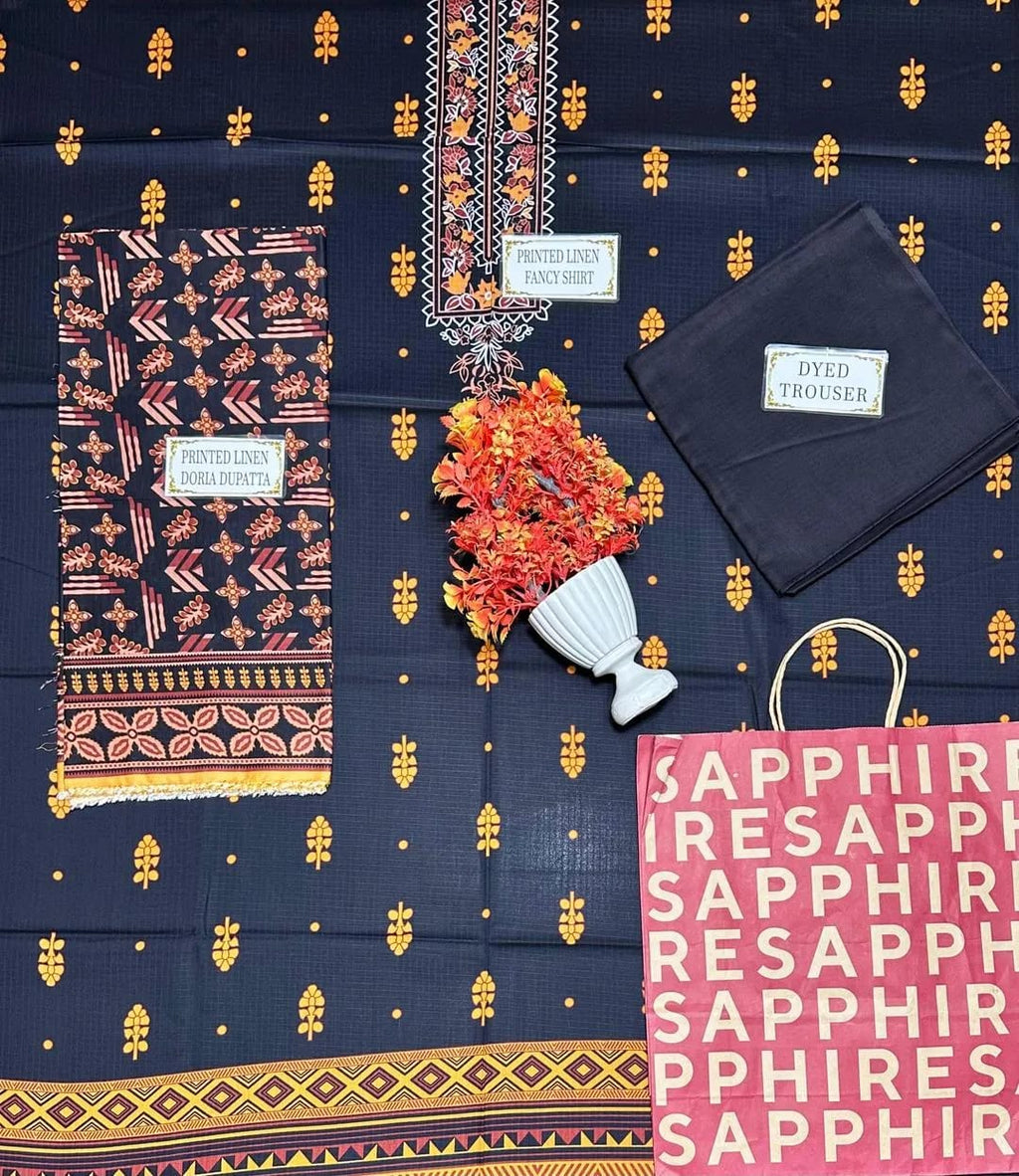 Black Printed Linen 3 piece Suit for Women