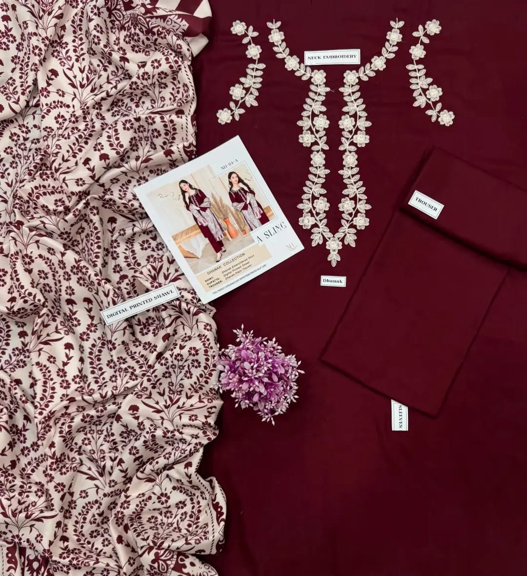 3 pcs Women's Unstitched Embroidered Suit