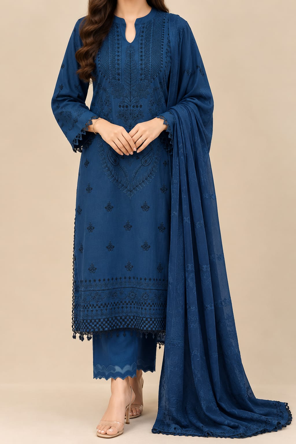 Blue Embroidered 3pcs Suit