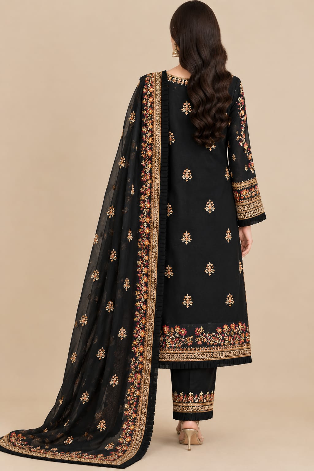 Black Embroidered 3pcs Suit