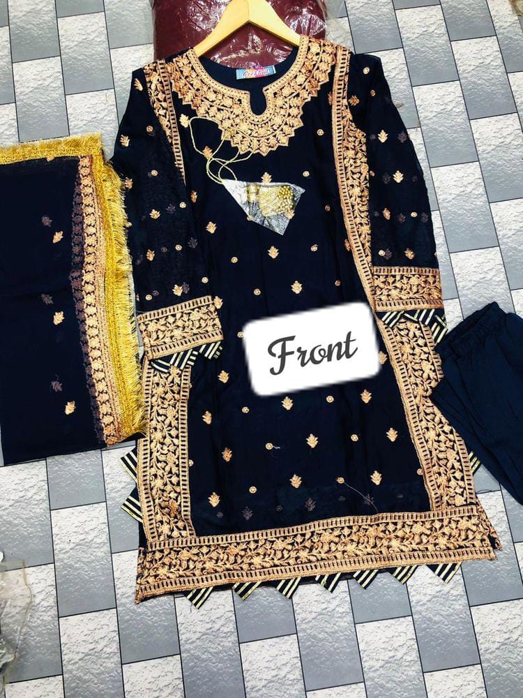 Blue Embroidered 3pcs Crinkle Chiffon Suit