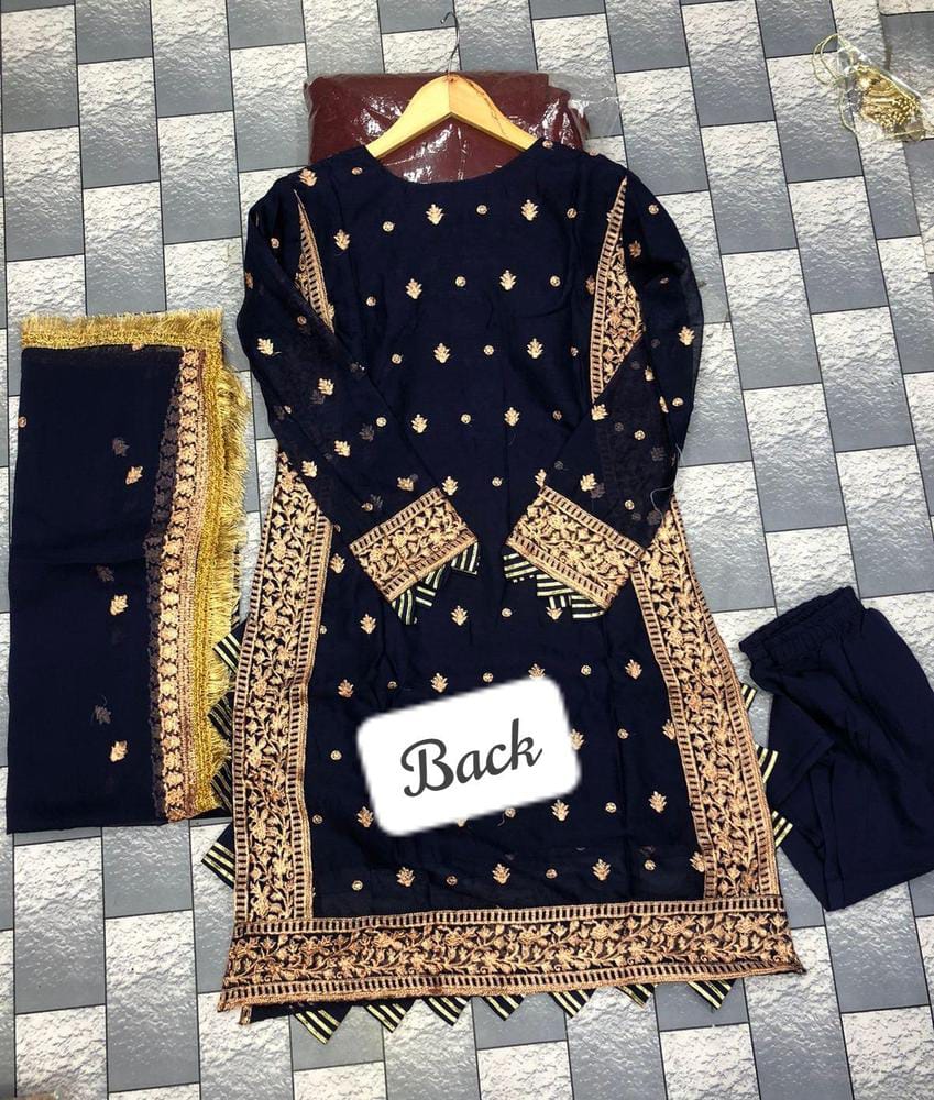 Blue Embroidered 3pcs Crinkle Chiffon Suit