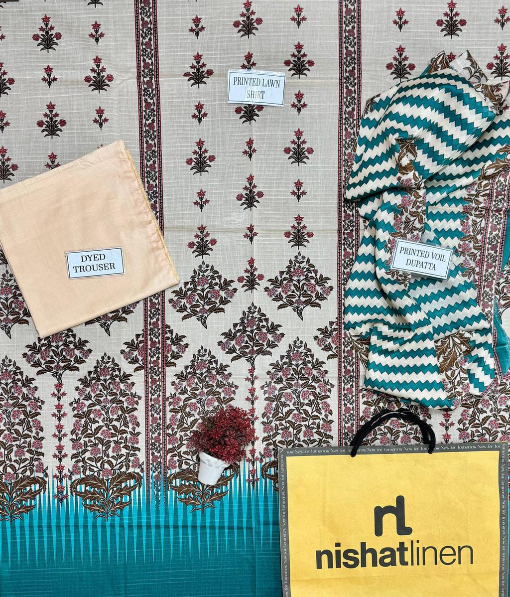 3 piece Printed Dobby Lawn Suit Off White Floral Geometric