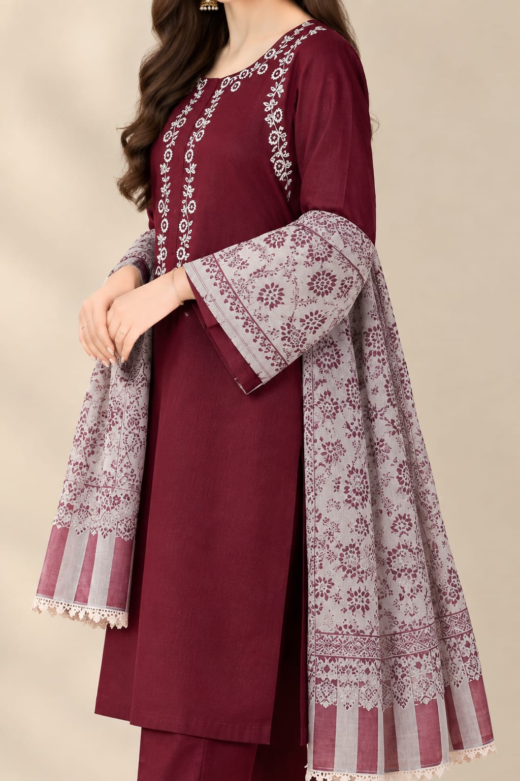3 pcs Women's Unstitched Embroidered Suit