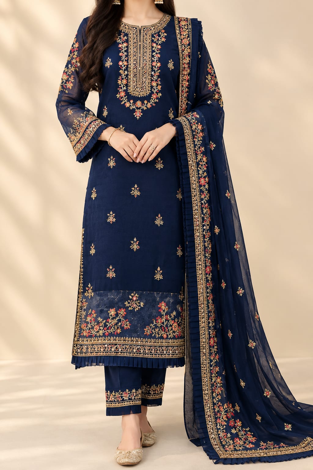 Navy Blue Organza 3 pcs Suit