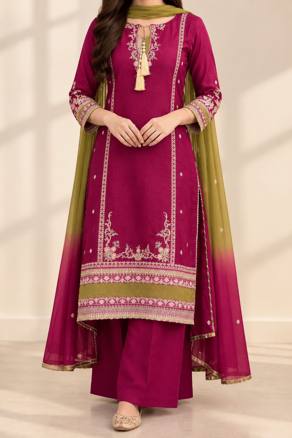 Pink Embroidered Lawn 3 pcs Anarkali set
