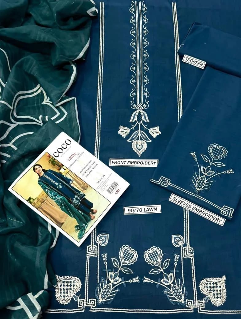 3 Piece Embroidered Lawn Suit Blue