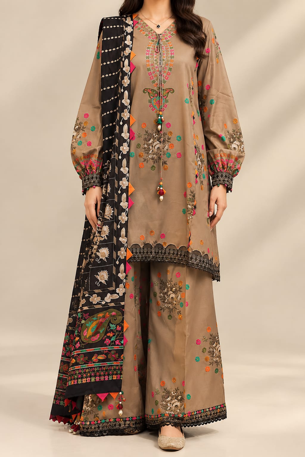 Brown Printed 3 pcs Women Suit Khadar Unstitched