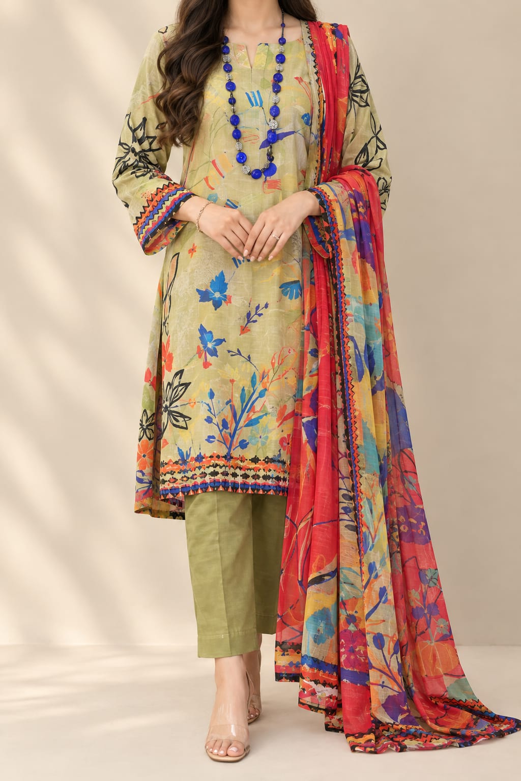 Unstitched 3 piece Digital Lawn Suit