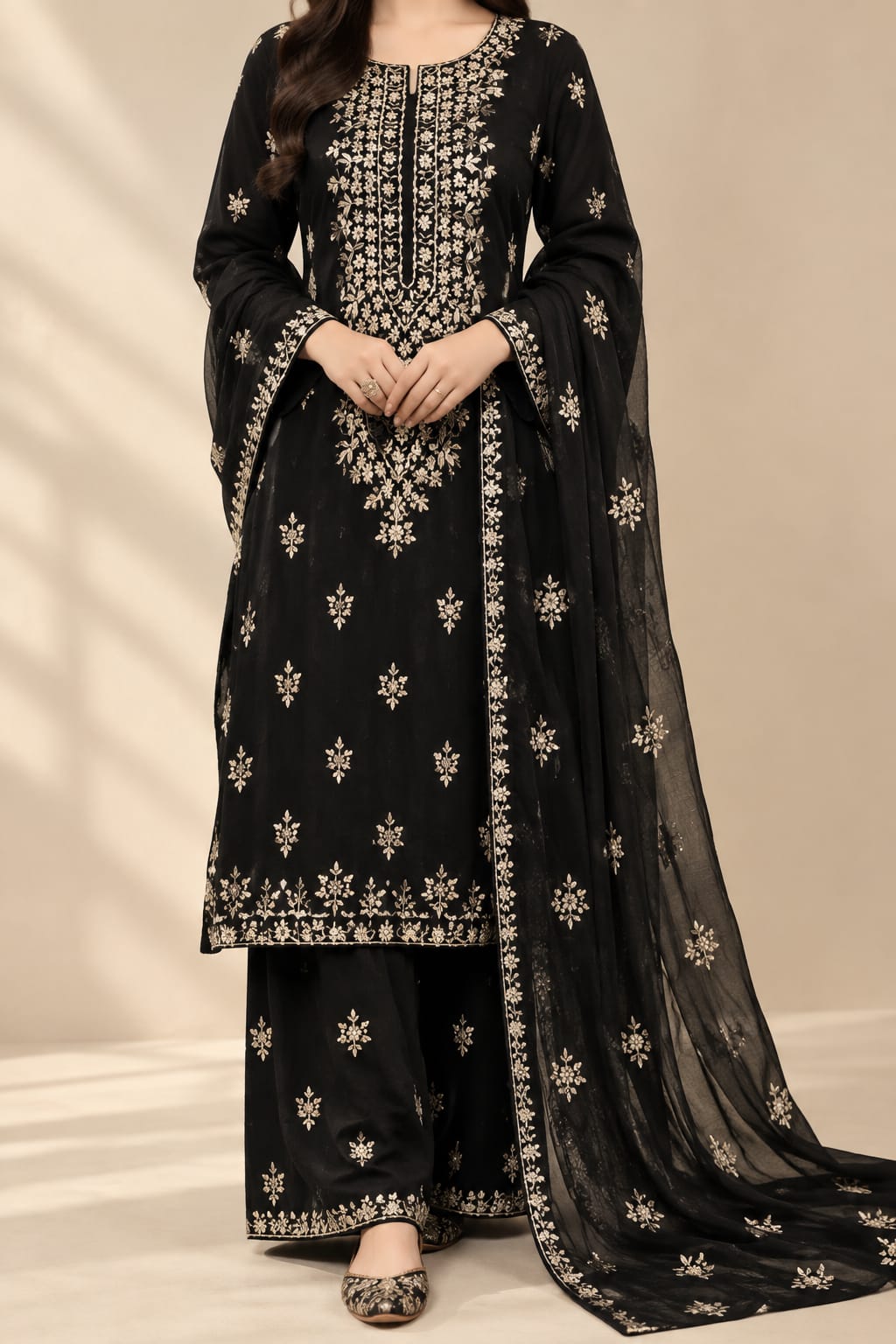 Black Hand Embroidered Chiffon Suit