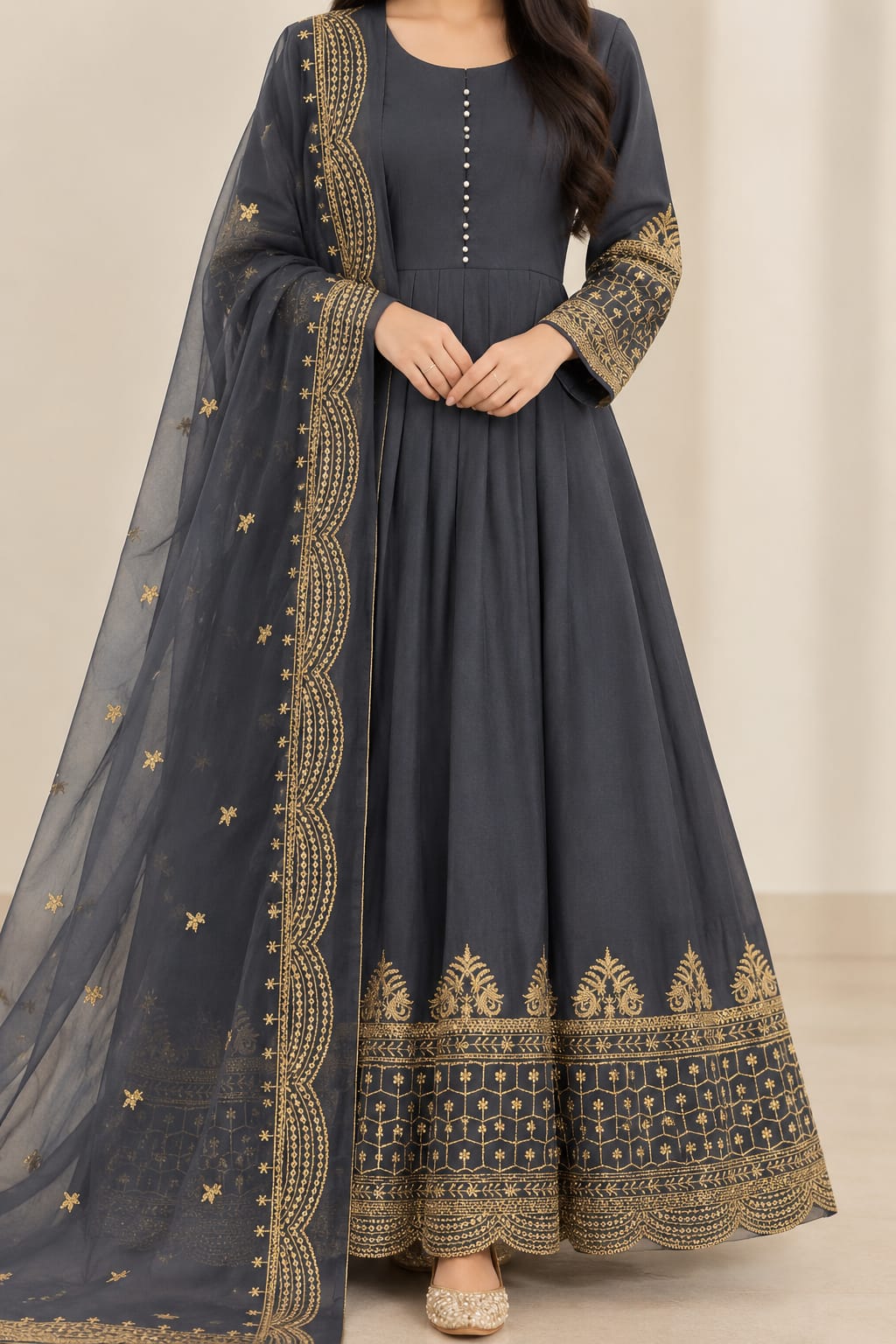 3 pcs Women's Stitched Chiffon Sequins Embroidered Maxi Suit