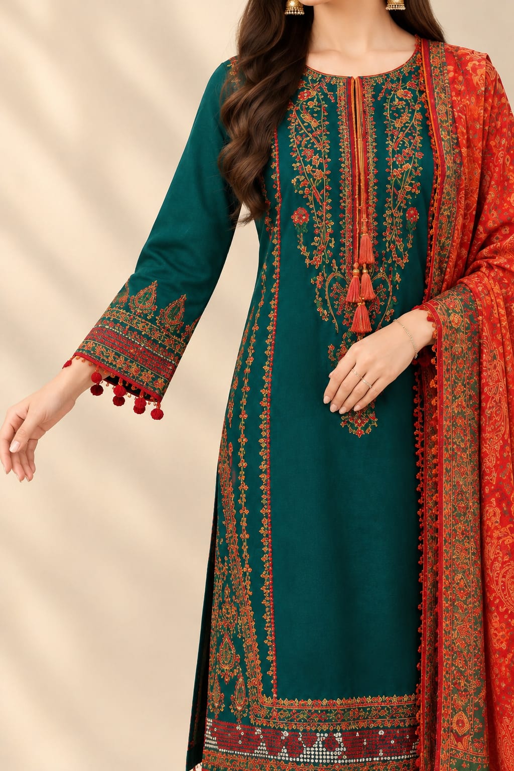 3 pcs Women's Unstitched Embroidered Suit