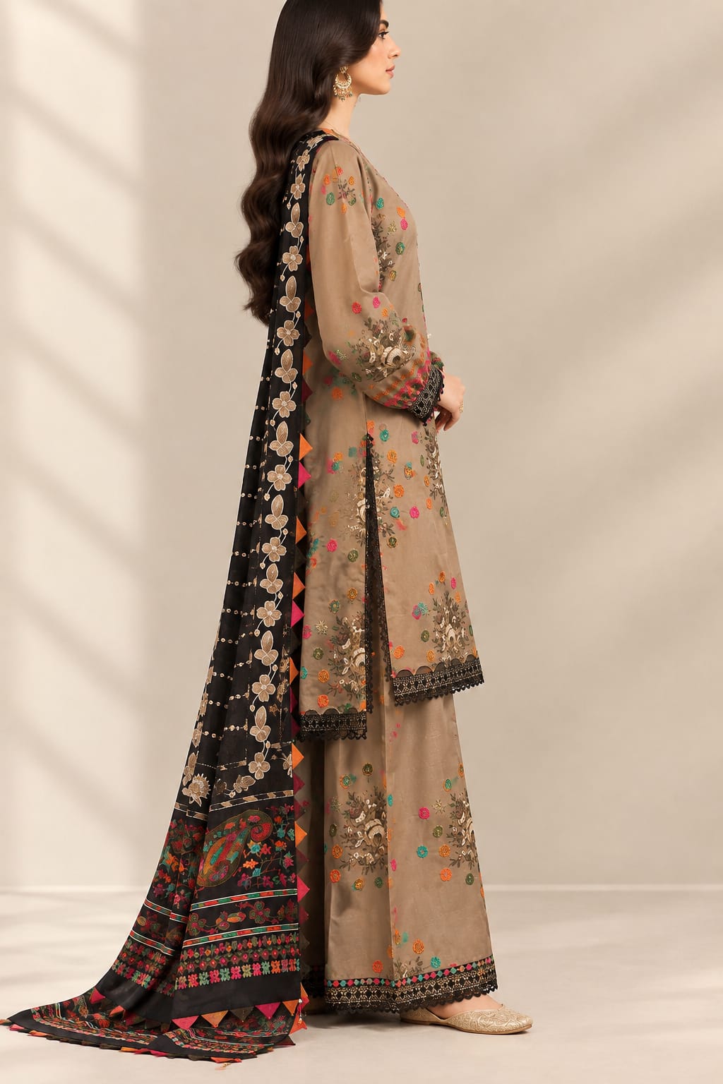 Brown Printed 3 pcs Women Suit Khadar Unstitched