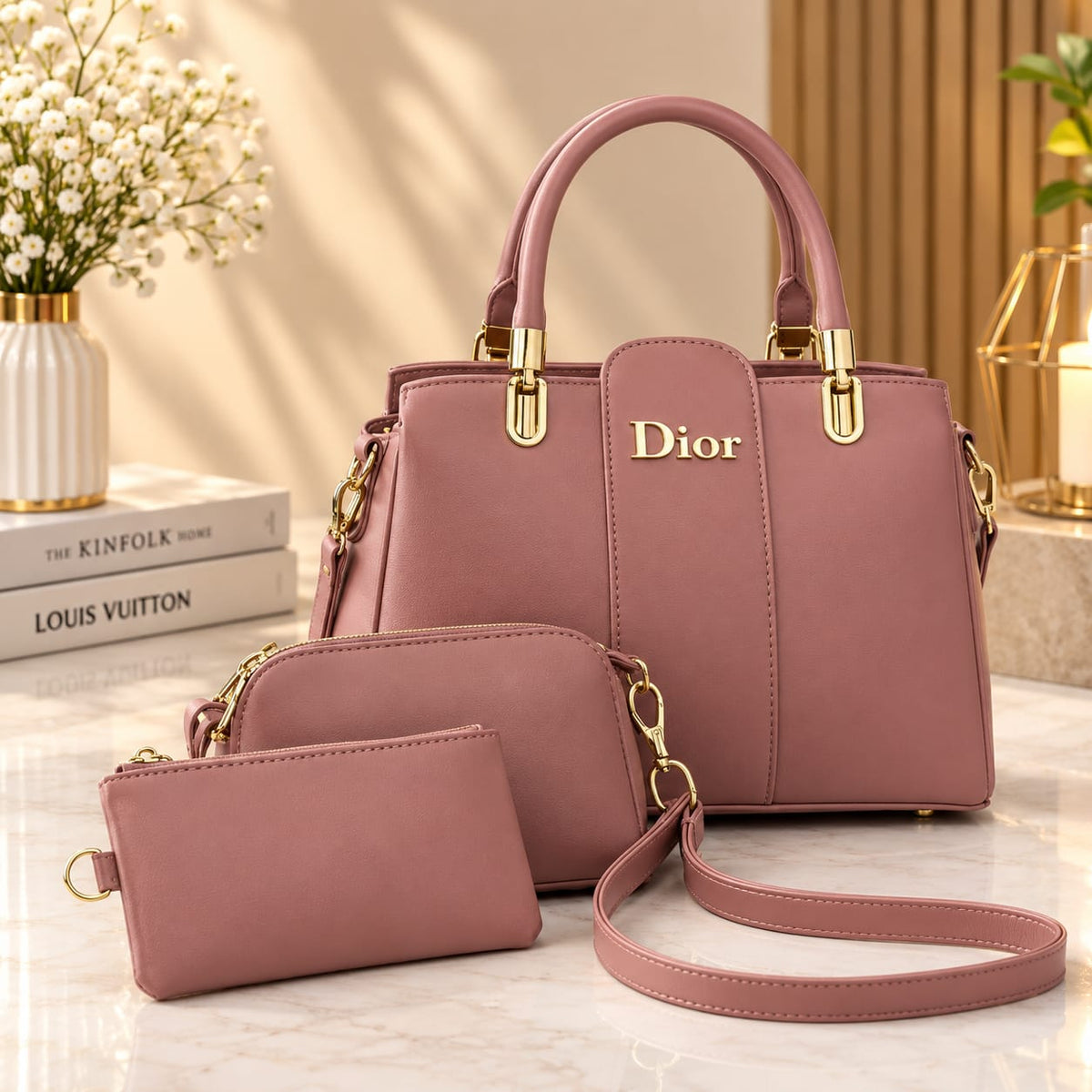 Dior Pink Leather Handbag Set