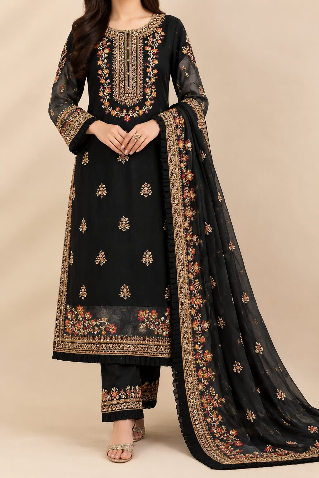 Black Embroidered 3pcs Suit