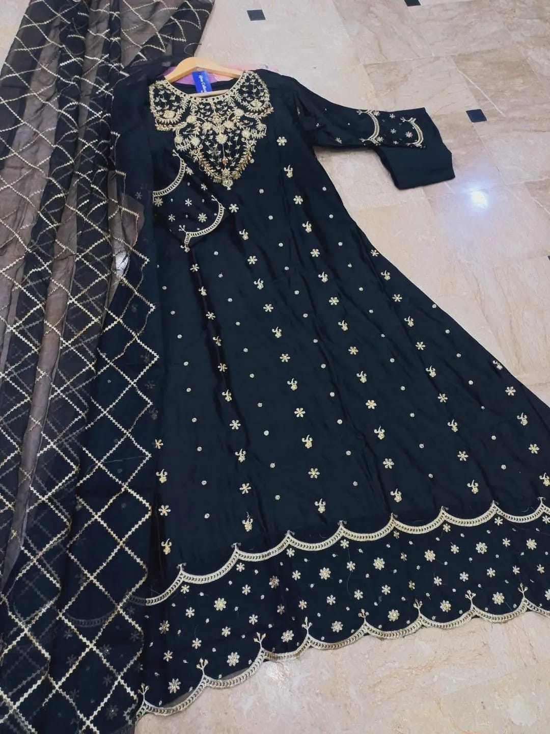 Black Embroidered Shamoz Silk Maxi Suit 3pcs