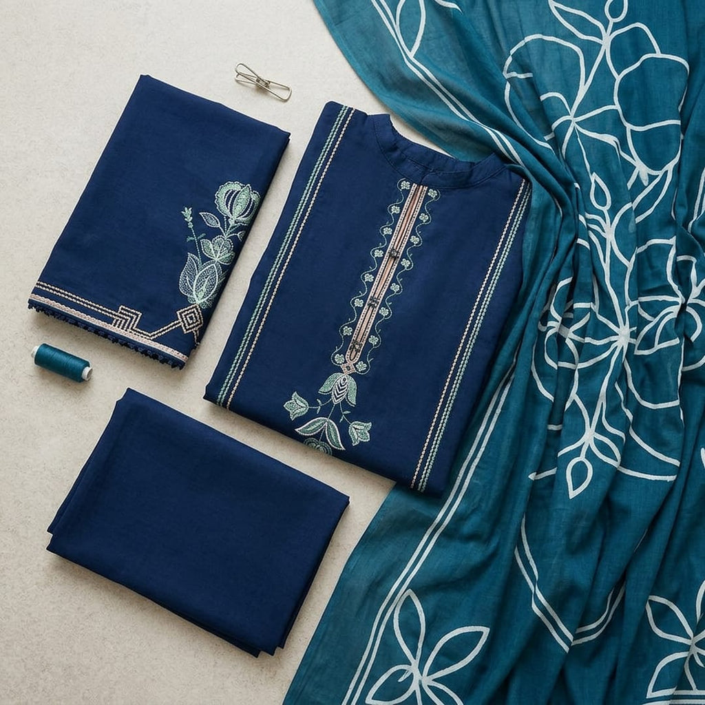 3 Piece Embroidered Lawn Suit Blue