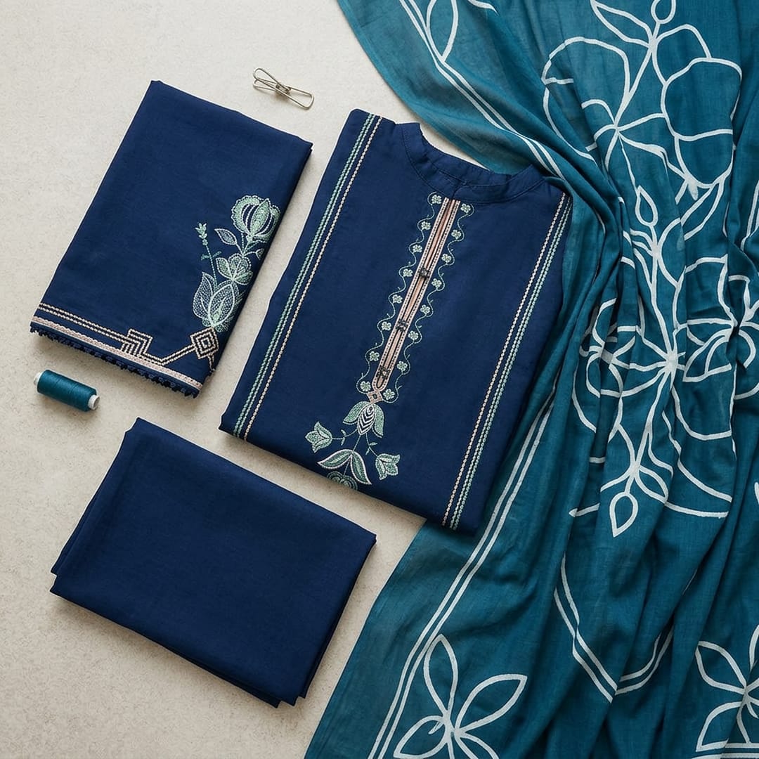 3 Piece Embroidered Lawn Suit Blue