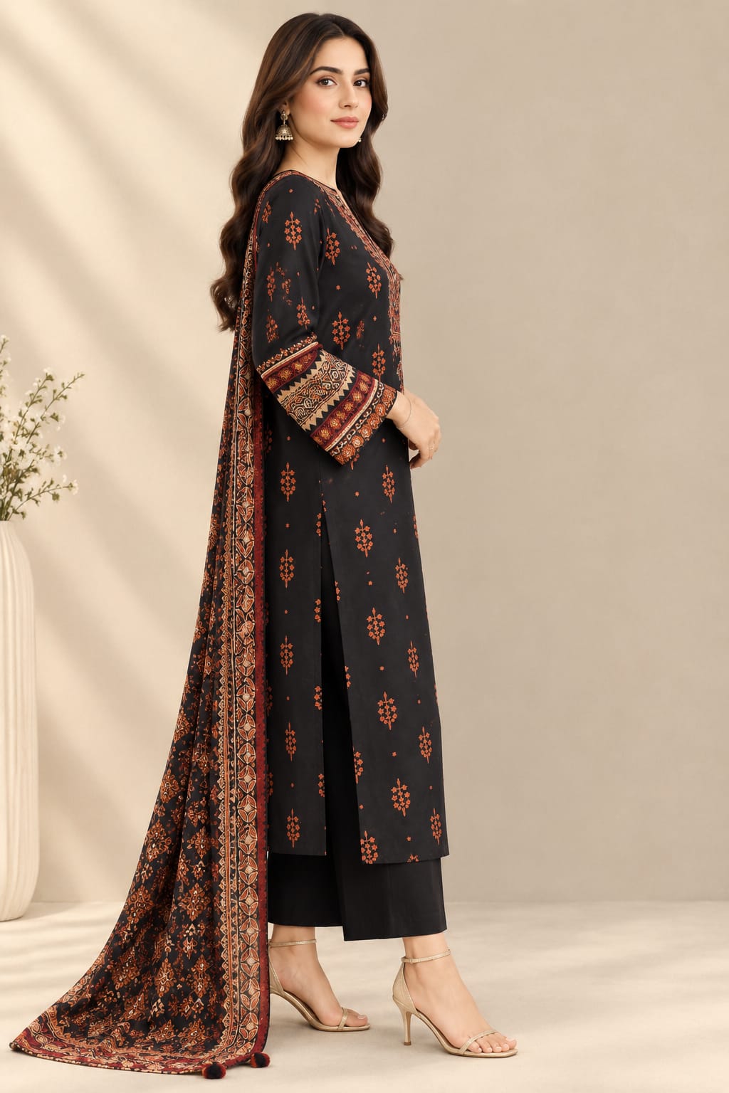 Black Printed Linen 3 piece Suit for Women