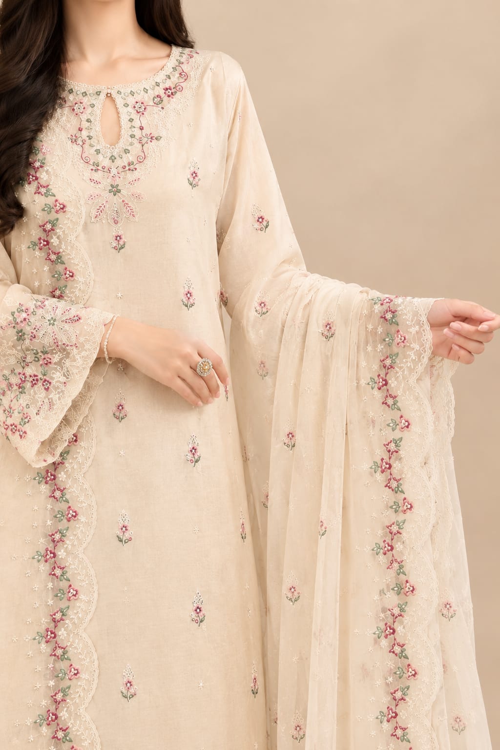 Women's Stitched Cotton Suit With Embroidery 3 pcs set