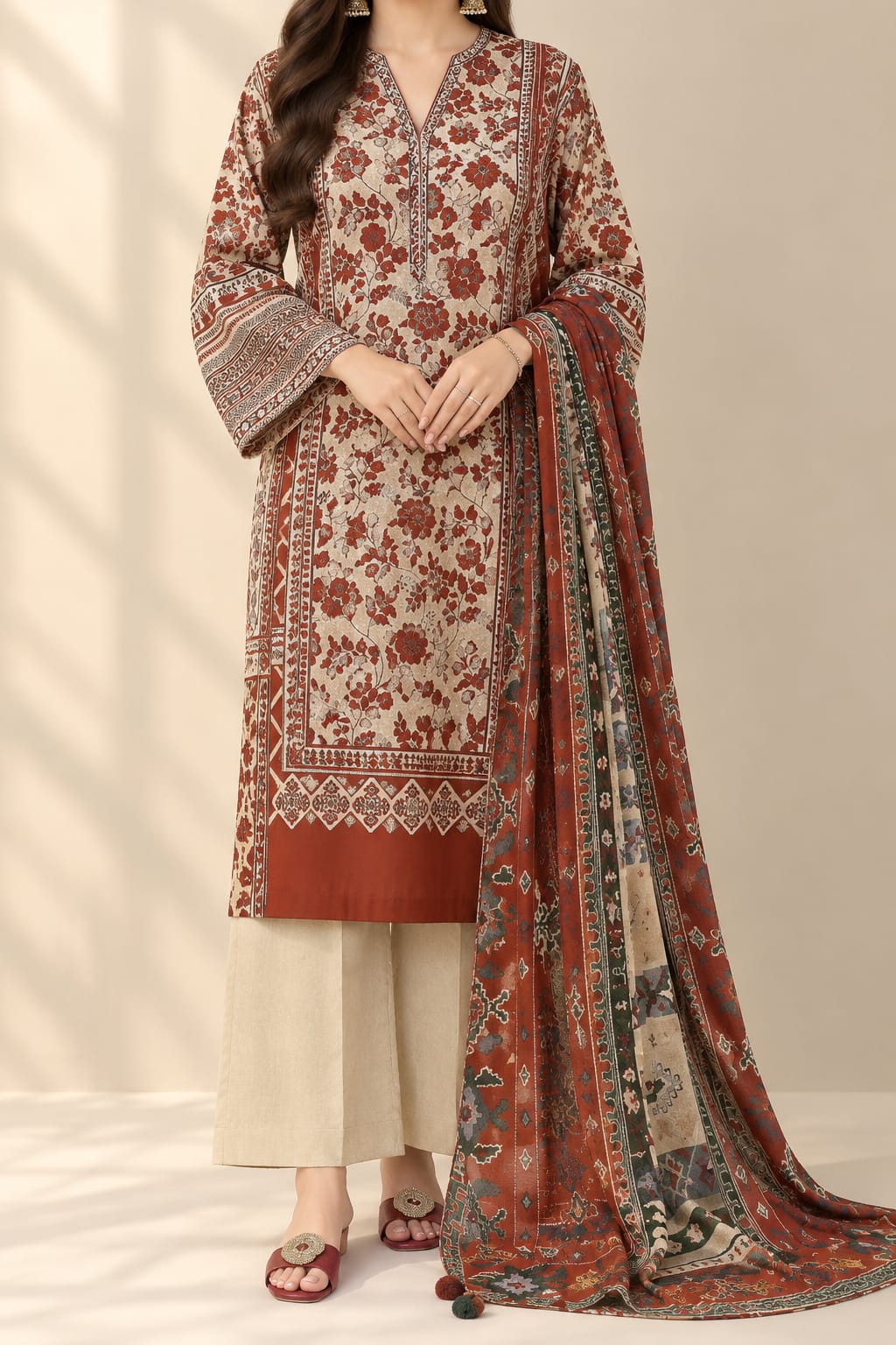 Unstitched Printed Linen Suit for Women Winter office wear