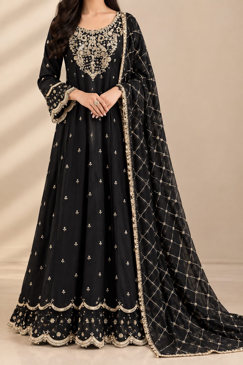 Black Embroidered Shamoz Silk Maxi Suit 3pcs