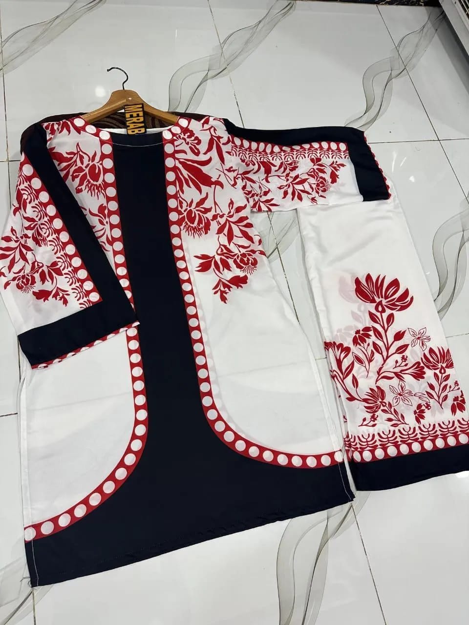 Digital Printed Cord Set 2 pcs Cream Black Kurta Set