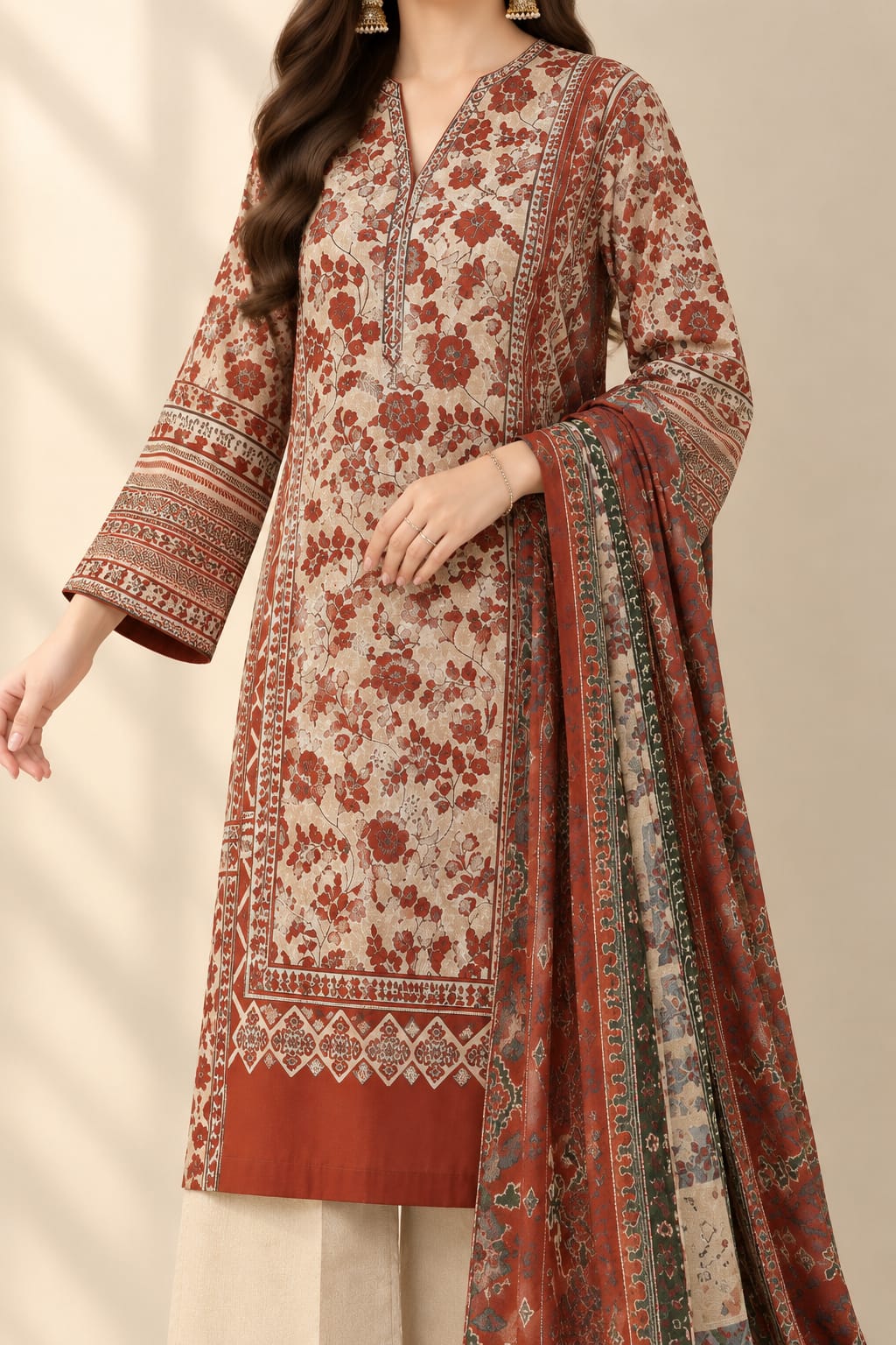 Unstitched Printed Linen Suit for Women Winter office wear