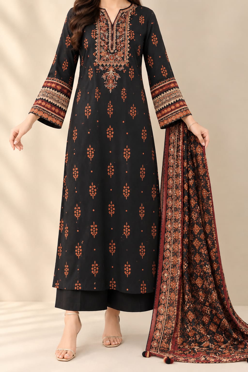 Black Printed Linen 3 piece Suit for Women