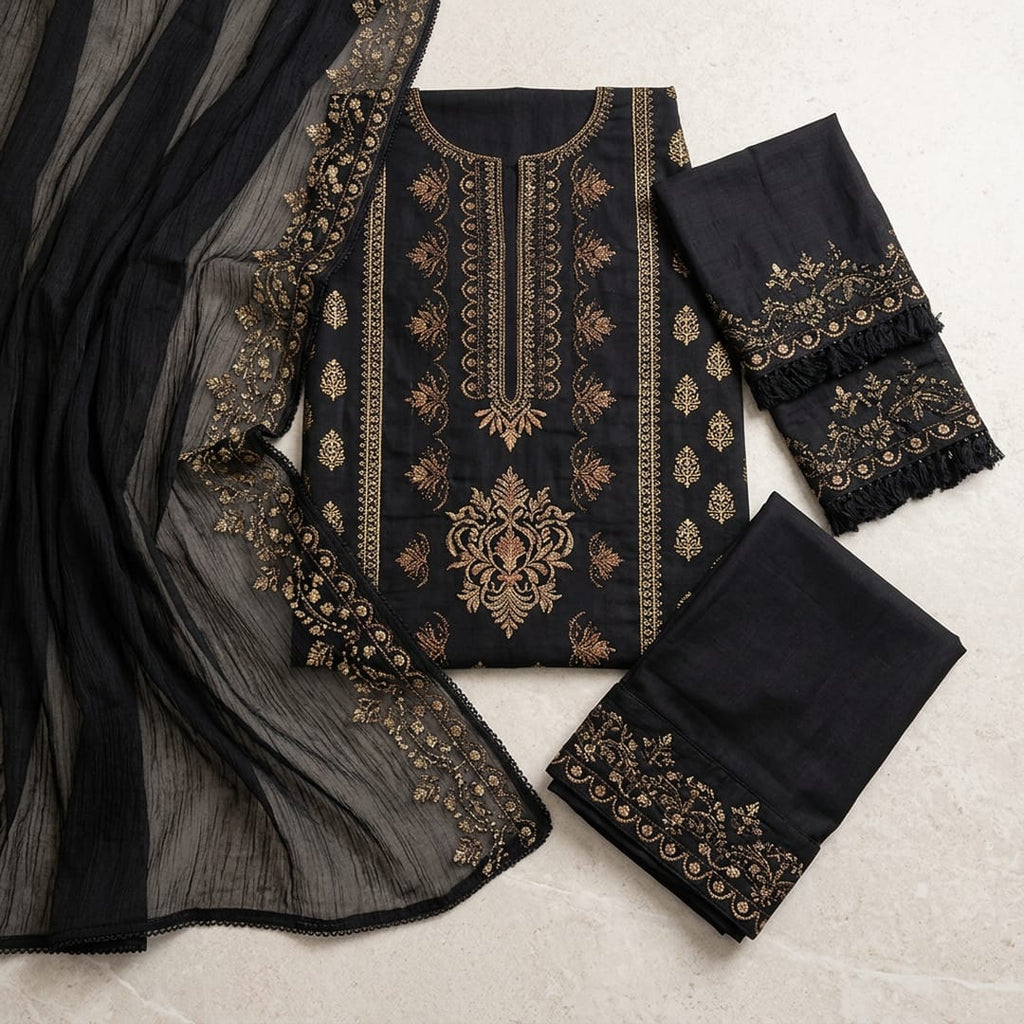 Black Embroidered 3-piece Women's Lawn Suit Bamber Dupata