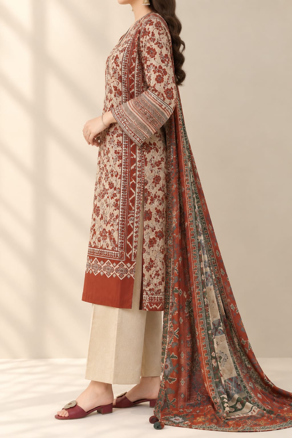 Unstitched Printed Linen Suit for Women Winter office wear