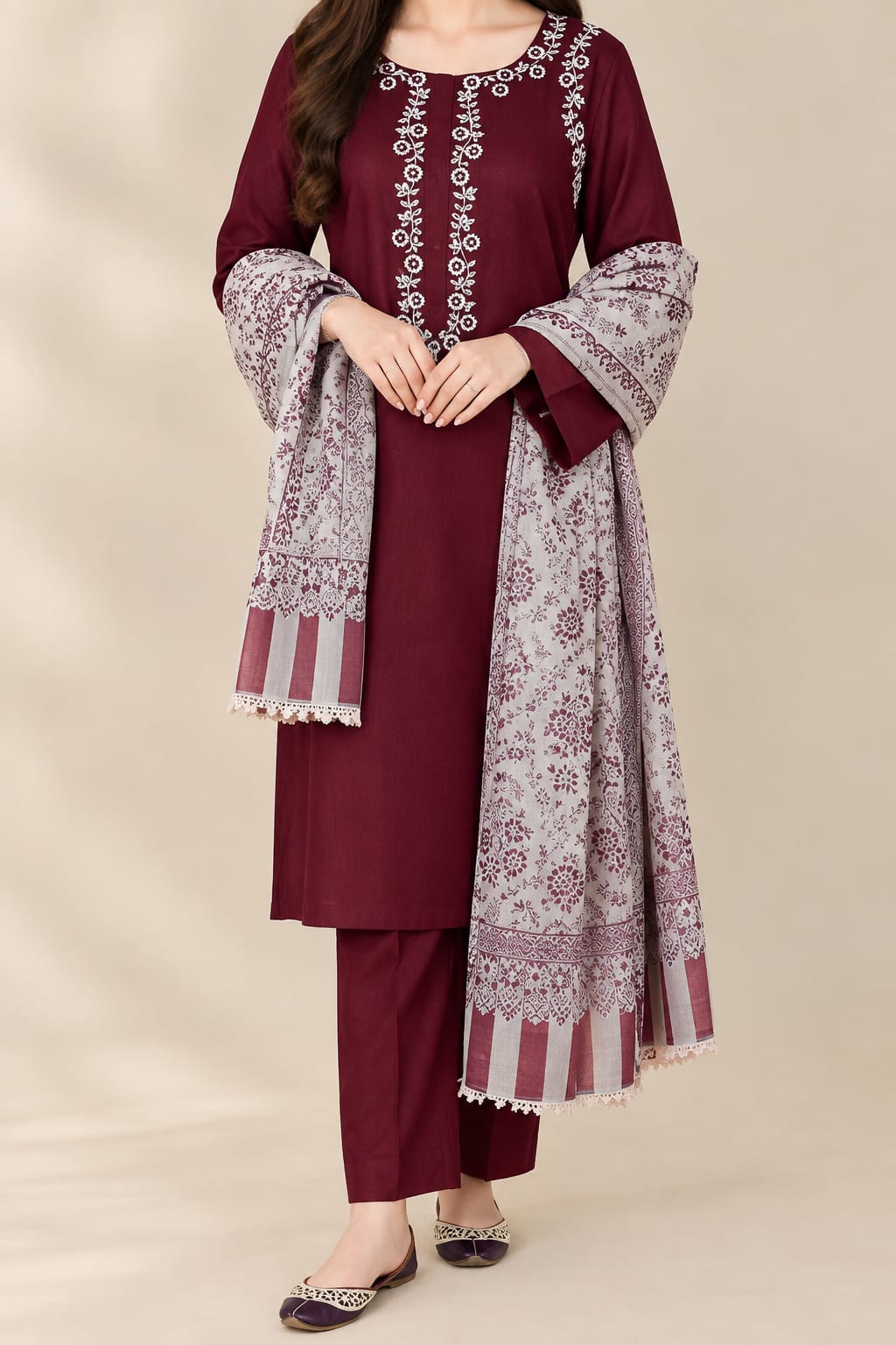 3 pcs Women's Unstitched Embroidered Suit