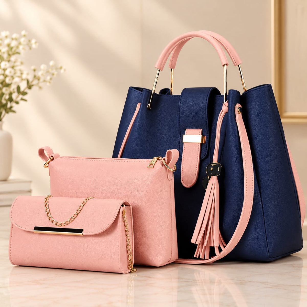 Rexine Handbag Set Navy Pink Gold Hardware