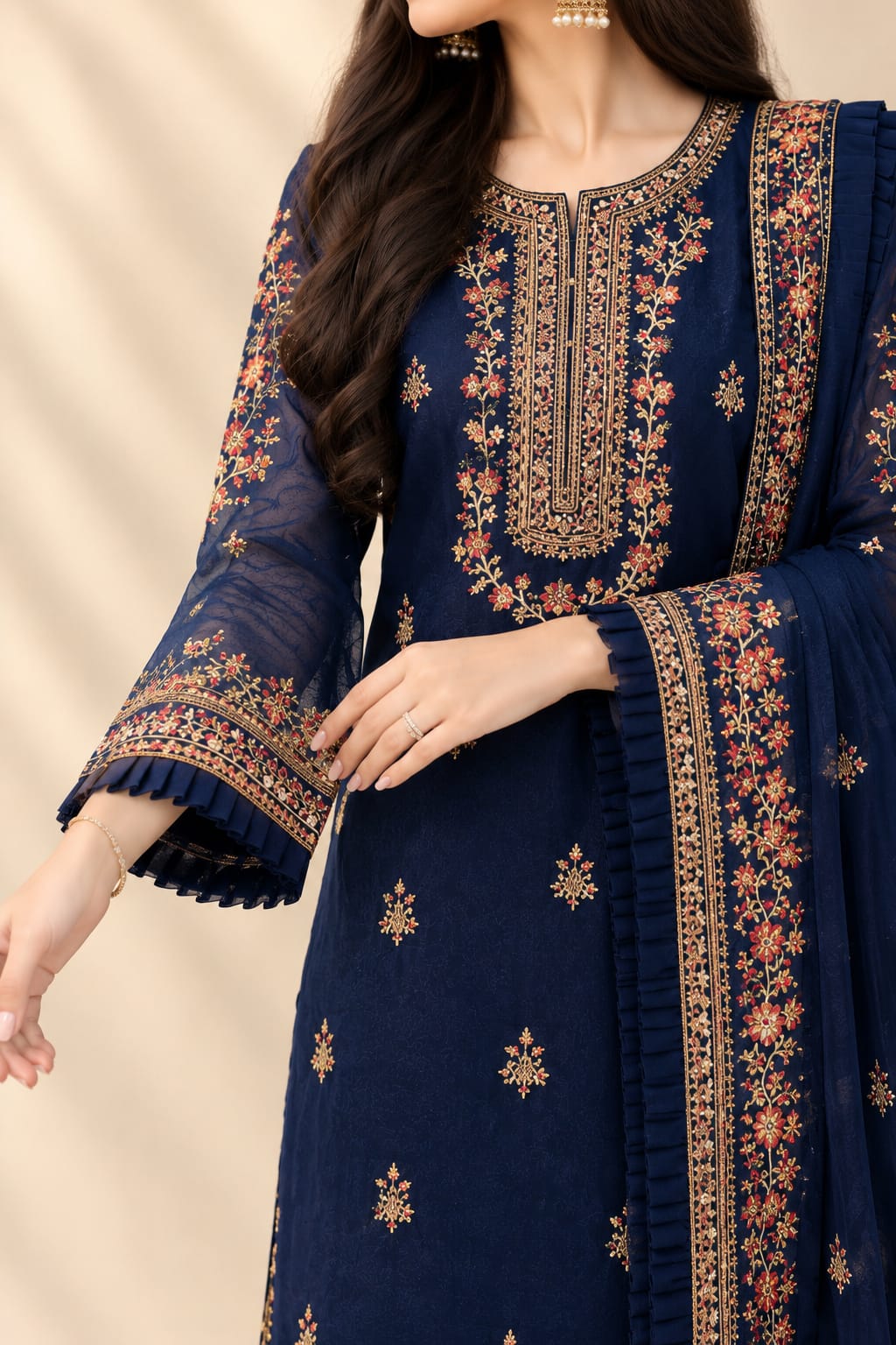 Navy Blue Organza 3 pcs Suit