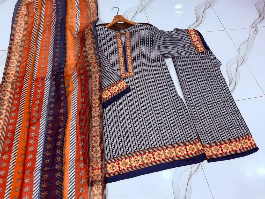 3 pcs Women's Stitched Lawn Printed Suit